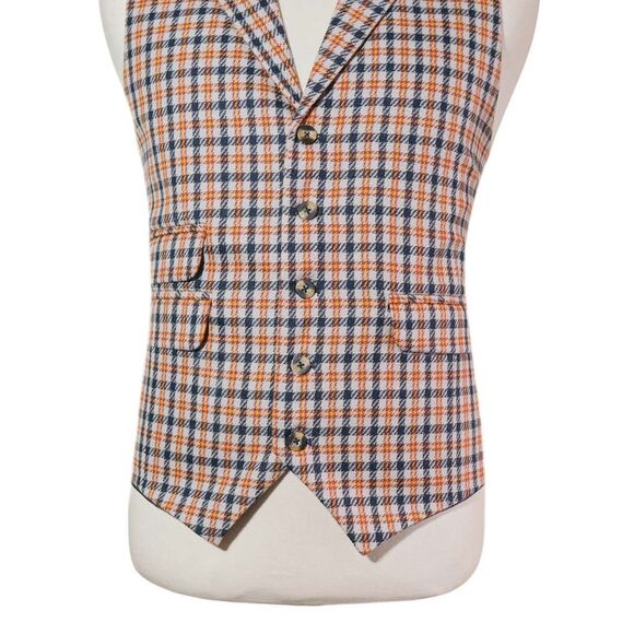 Mens Wool Vest 46R Orange Blue Plaid Check Waistcoat Preppy Casual Wedding Party - Picture 4 of 8